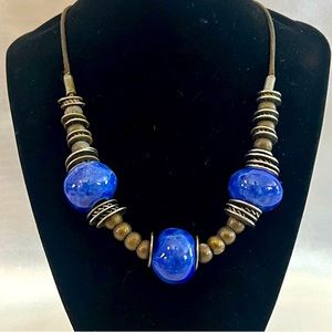 Vintage Blue Stone and Metal Beaded Necklace with Leather Chord